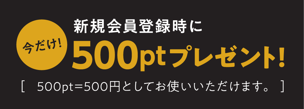 今だけ!新規会員登録時に500ptプレゼント 500pt=500円としてお使いいただけます